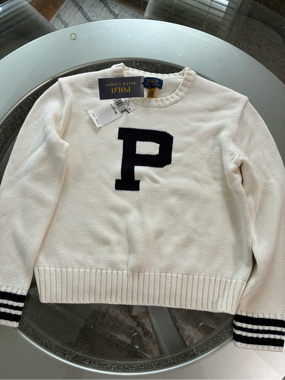 Girls Ralph Lauren Cream Crewneck Sweater with Navy 'P'
